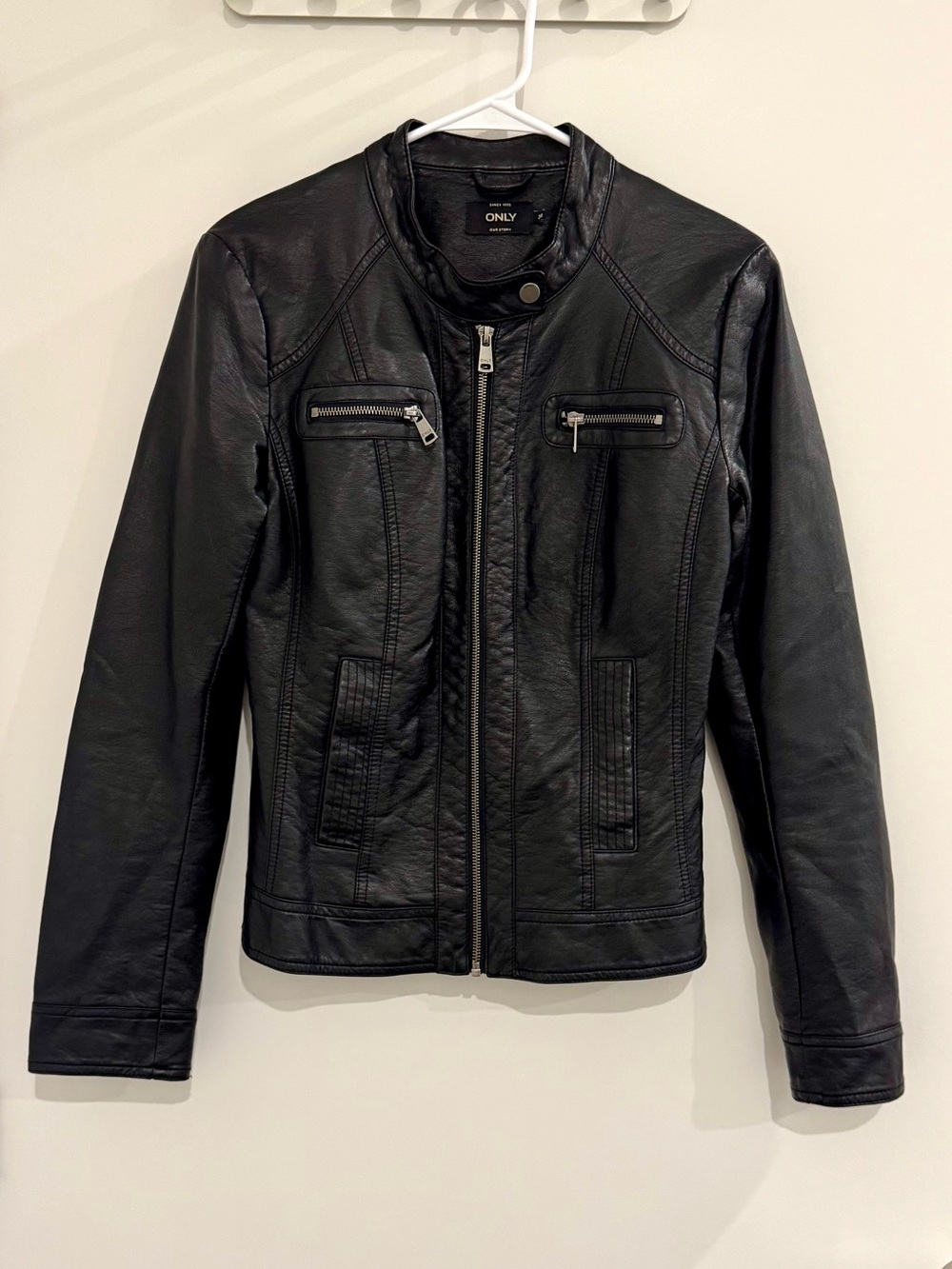 ONLY Black Faux Leather Biker Jacket with Zip Pockets